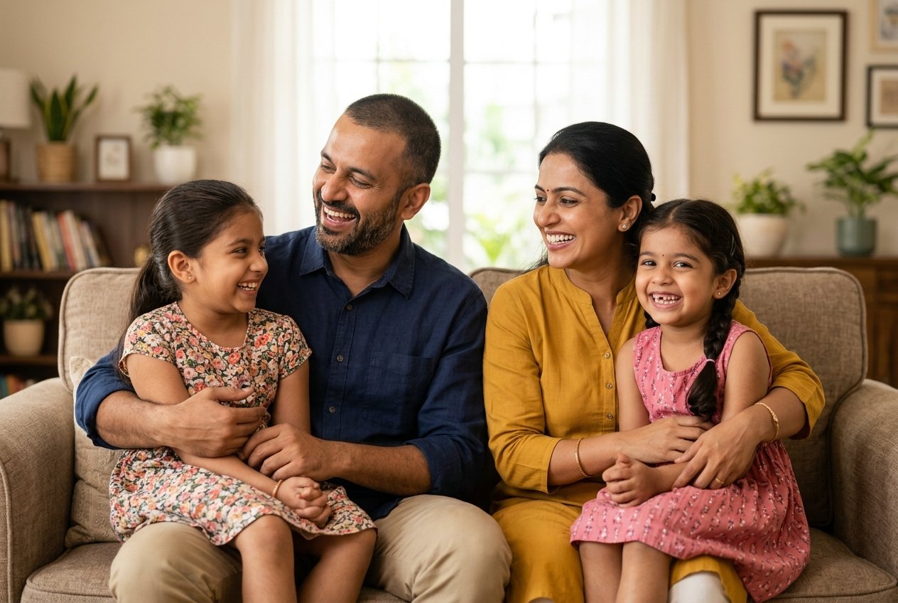 Smiling happy Indian family showing healthy teeth